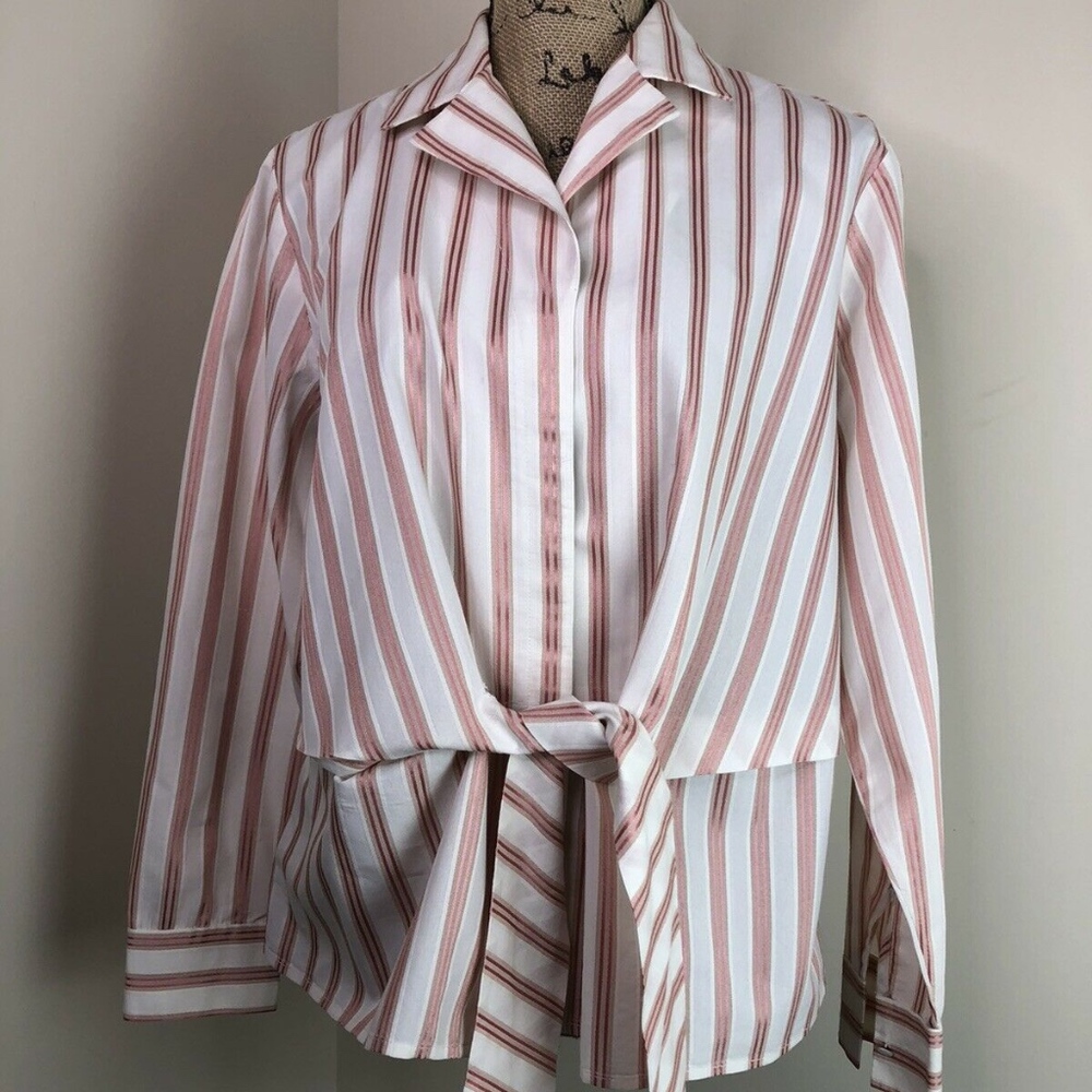 Striped Front Tie Button Up Shirt Pink White Sz 1X